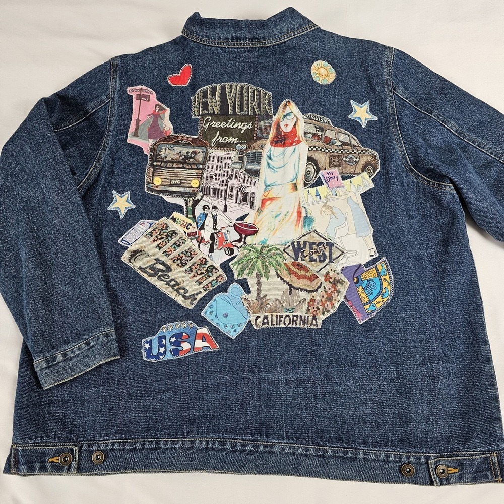 Vtg Appliqué Jean Jacket Jane Elissa Greetings From Denim Trucker‎ 1X